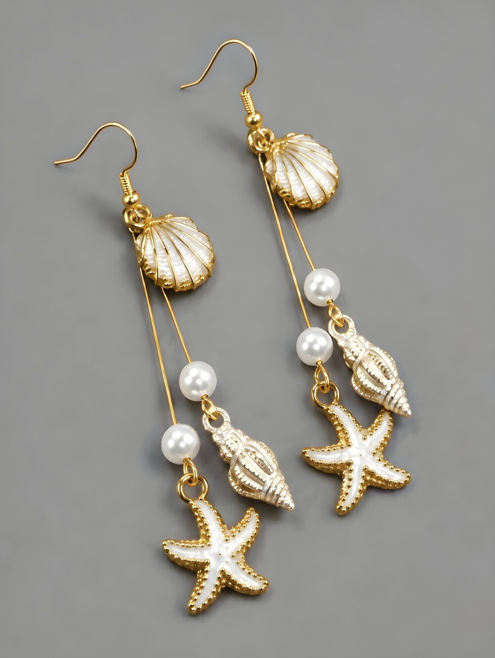 Starfish Pearl Shell Dangle Earrings Beach Mermaidcore Gold Statement Jewelry